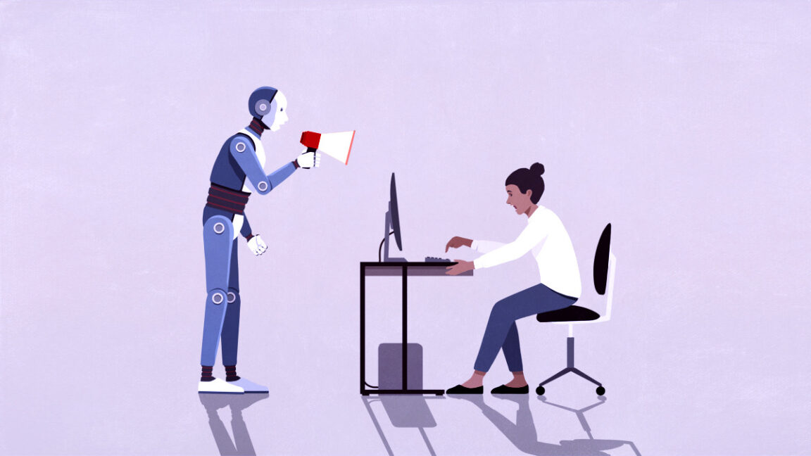 Robot with megaphone yelling at businesswoman working at computer - stock illustration